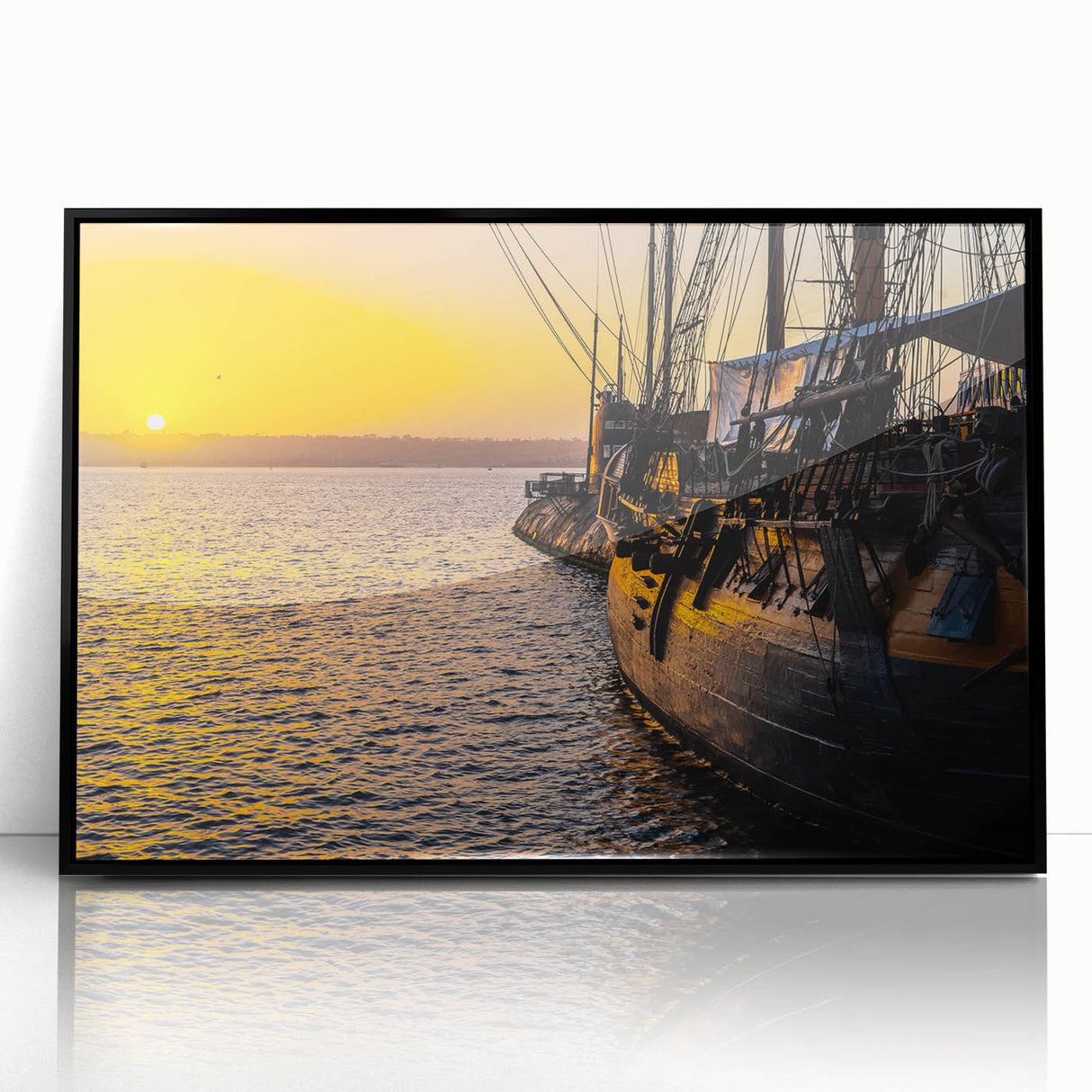 Large abstract wall art featuring a stylized ship in black and grey tones on a framed acrylic.