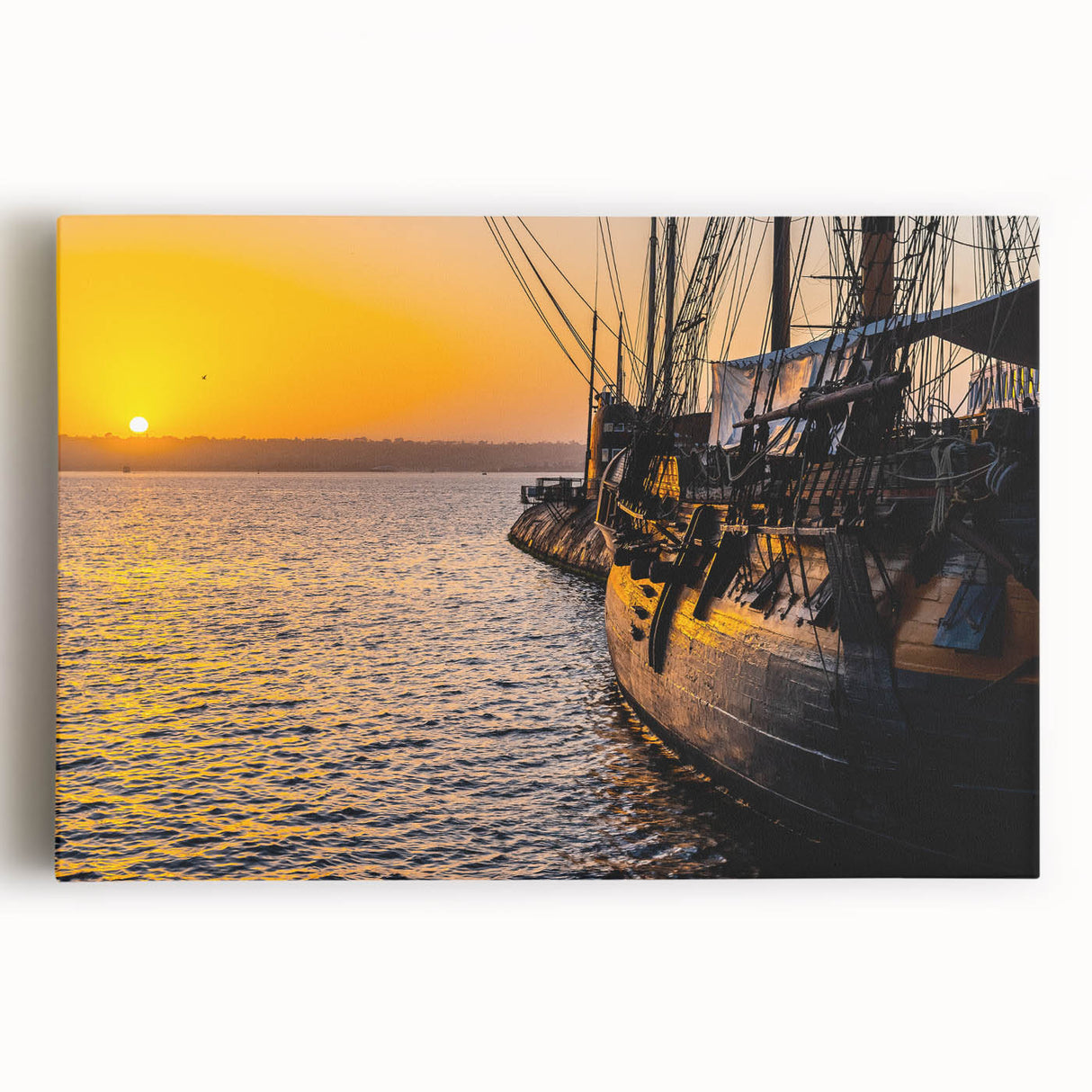 Black and white photograph of a ship on stretched canvas, ideal for kitchen wall art.