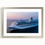 Abstract art print of a stylized ship in cool blue and gray tones on a framed silver mat, suitable for dining room decor.