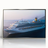 Art Deco style poster of a vintage ship, in silver frame, muted blue and gray tones, ideal for nursery wall art.