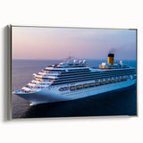 Vintage poster art of a ship on black background with colorful accents on extra large framed canvas, ideal for living room.