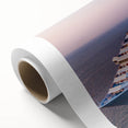 Art deco poster of a vintage ship on rolled canvas, in muted blue and gray tones, ideal for nursery wall art.