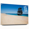 Large abstract wall art of a ship, in muted blue and gray tones on acrylic glass, ideal for bedroom or dining room.
