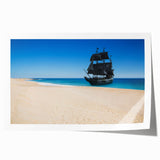 Extra large rolled print of a ship on calm waters, utilizing muted blue and gray tones, suitable for art wall dining room.