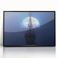 Framed acrylic print of a mid-century modernist style ship, in muted blue and gray tones, ideal for modern art wall decor.