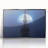 Art deco style poster of a vintage ship, rendered in muted silver tones on framed acrylic.