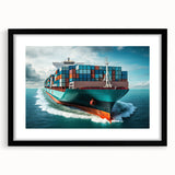 Abstract art print of a boat in vibrant colors on textured canvas, framed in black, ideal for large living room decor.