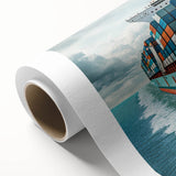 Art deco poster of a stylized ship in blue and white tones on rolled canvas, ideal for nursery wall art.