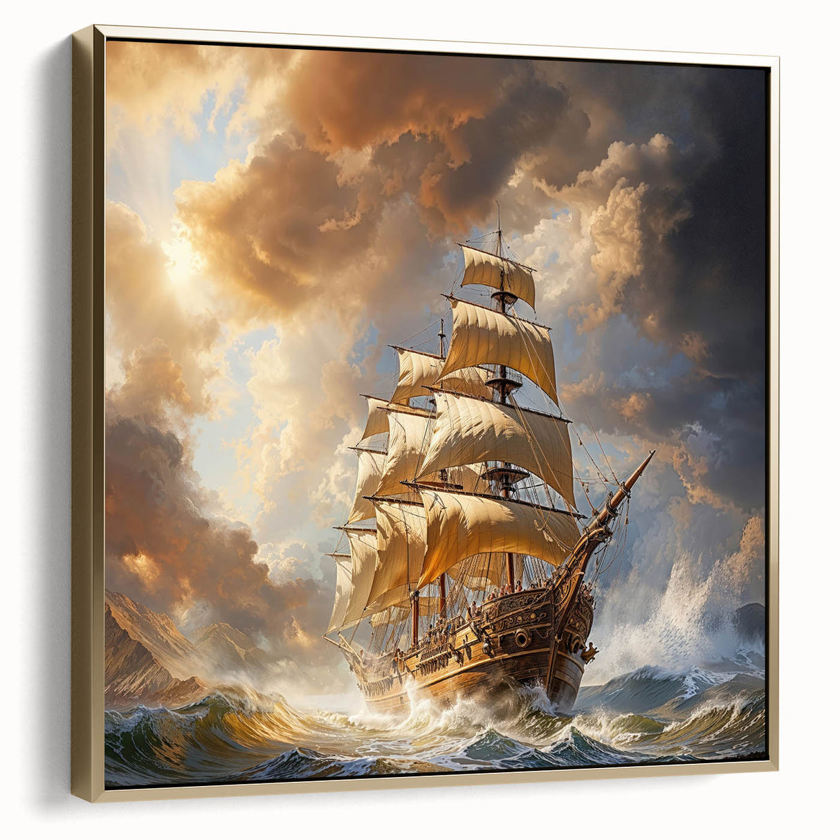 Framed canvas featuring a vintage black ship on a silver and gold background, ideal for bedroom wall decor.