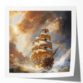 Extra large wall art featuring a ship on calm seas in muted blue tones, printed on rolled canvas.