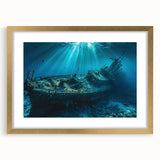 Extra large abstract art print of a stylized boat, using textured blue and gray tones on a gold-framed canvas.