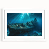 Abstract art print of a stylized ship in muted blue and white tones, framed with a white mat.