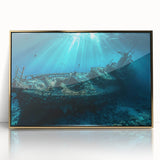 Mid-century modernist style large art print of a ship, in muted gray and blue tones, framed in gold acrylic.