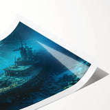 Extra large rolled print featuring a ship on calm waters, in muted blue and gray tones, ideal for large living room wall art.