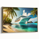 Vintage poster art of a ship on a black background, in a gold frame, suitable for bedroom wall decor.