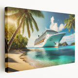 Large art print of a vintage ship in muted brown and blue tones on stretched canvas, suitable for kitchen wall decor.