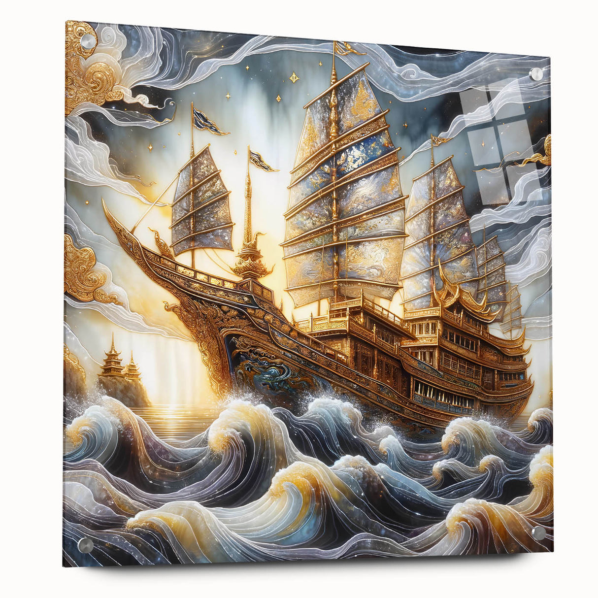 Side view of a ship depicted in muted blue and white tones on acrylic glass, suitable for bedroom or dining room decor.