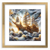 Extra large abstract art print of a ship, in muted blue and gray tones on a textured canvas, ideal for living room decor.