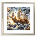 Abstract textured art print of a stylized ship in silver frame, featuring neutral gray tones, ideal for modern bedroom decor.