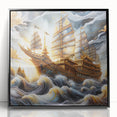Framed acrylic print of a large abstract wall art depicting boats in muted blue and gray tones.