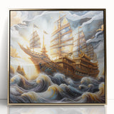 Framed acrylic print of a mid-century modernist ship, rendered in muted blues and grays, ideal for modern art wall decor.