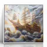 Art deco poster of a ship in motion on a framed acrylic, with a palette of gray and blue, ideal for modern nursery wall art.