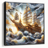 Black and white framed canvas featuring a vintage ship, ideal for bedroom wall decor.