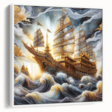 Framed canvas vintage poster art of a colorful ship on black background, ideal for living room decor.