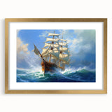 Textured art print of an abstract boat in muted blue and gray tones on a framed canvas, suitable for bedroom decor.