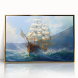 Mid-century modernist art deco poster of a ship, rendered in muted blue and gold tones on framed acrylic.