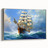 Vintage poster art of a ship in muted black and colorful hues on a framed canvas, ideal for living room decor.