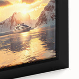 Extra large black wall art featuring a colorful, textured depiction of a ship on a framed canvas.