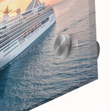 Large abstract depiction of ships in vibrant blue and white tones on acrylic glass.