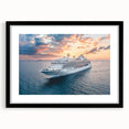 Extra large abstract art print of a colorful, textured boat, in a black frame with mat, ideal for living room decor.