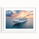 Abstract art print of a stylized ship in blue and white tones on a framed poster, ideal for modern dining room decor.