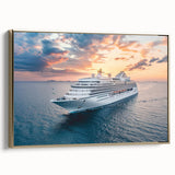 Framed canvas depicting a vintage black ship on a calm sea, ideal for bedroom wall art.