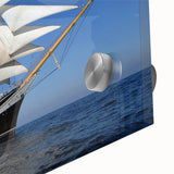 Large abstract wall art featuring mid-century modernist boats in muted blues and greens on acrylic glass.