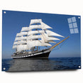 Acrylic print of a large abstract depiction of a ship, in cool blue and gray tones, suitable for dining room decor.