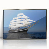 Mid-century modernist art depicting a stylized ship in silver and blue tones on a framed acrylic.