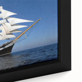 Extra large framed canvas featuring a textured depiction of a black ship on colorful, abstract waves.