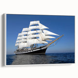 Framed canvas vintage poster art of a ship, using a black, white, and gray color palette, ideal for living room decor.