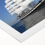 Art deco poster featuring a stylized vintage ship in muted blue and gray tones on rolled canvas.