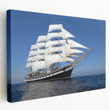 Large art print of a vintage ship on stretched canvas with muted blue and white tones, ideal for kitchen wall art.