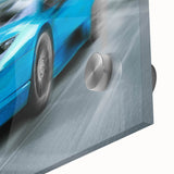 Mid-century modernist race cars in vibrant colors on large acrylic glass, ideal for dining room art.