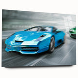 Acrylic print of race cars in motion, using bright primary colors, suitable for bedroom or dining room decor.