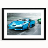 Extra large abstract art print of colorful race cars, textured design on framed canvas, suitable for living room decor.