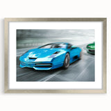 Textured art featuring abstract race cars in vibrant red and blue on a silver-framed poster, ideal for bedroom art.