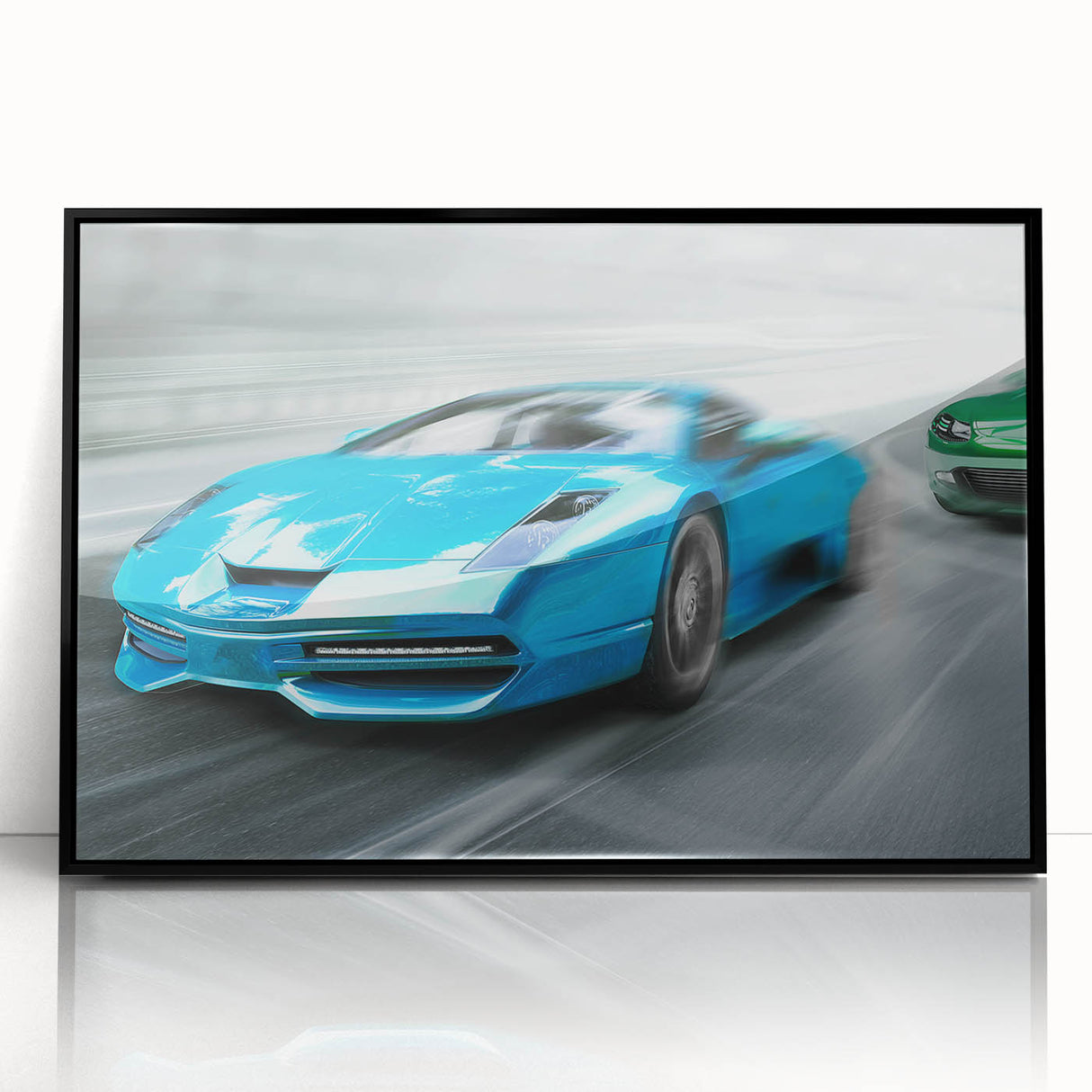 Large abstract wall art featuring a collection of race cars in mid-century modernist style, framed in black acrylic.