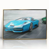 Mid-century modernist race cars in vibrant primary colors on a gold-framed acrylic print, suitable for modern art wall decor.