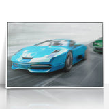 Art deco style race cars in vibrant colors on a white acrylic framed poster, suitable for modern nursery wall decor.